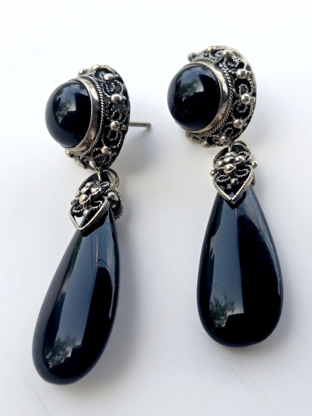 Sterling Silver Black Teardrop Drop Earrings - Elegant Women Jewelry